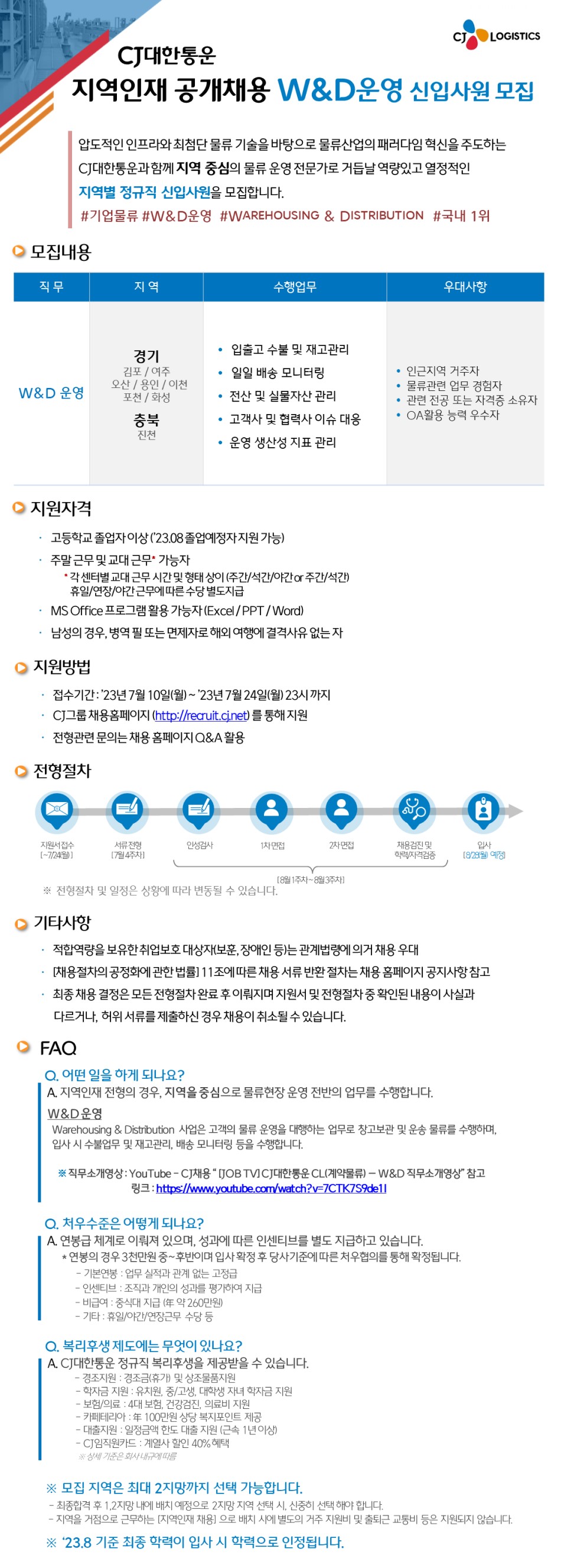 [CJ그룹/CJ대한통운] 지역인재 공개채용 W&D운영 신입사원 채용