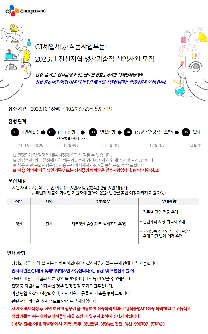 [CJ제일제당] 2023년 식품사업부문 진천지역 생산기술직 신입사원 채용